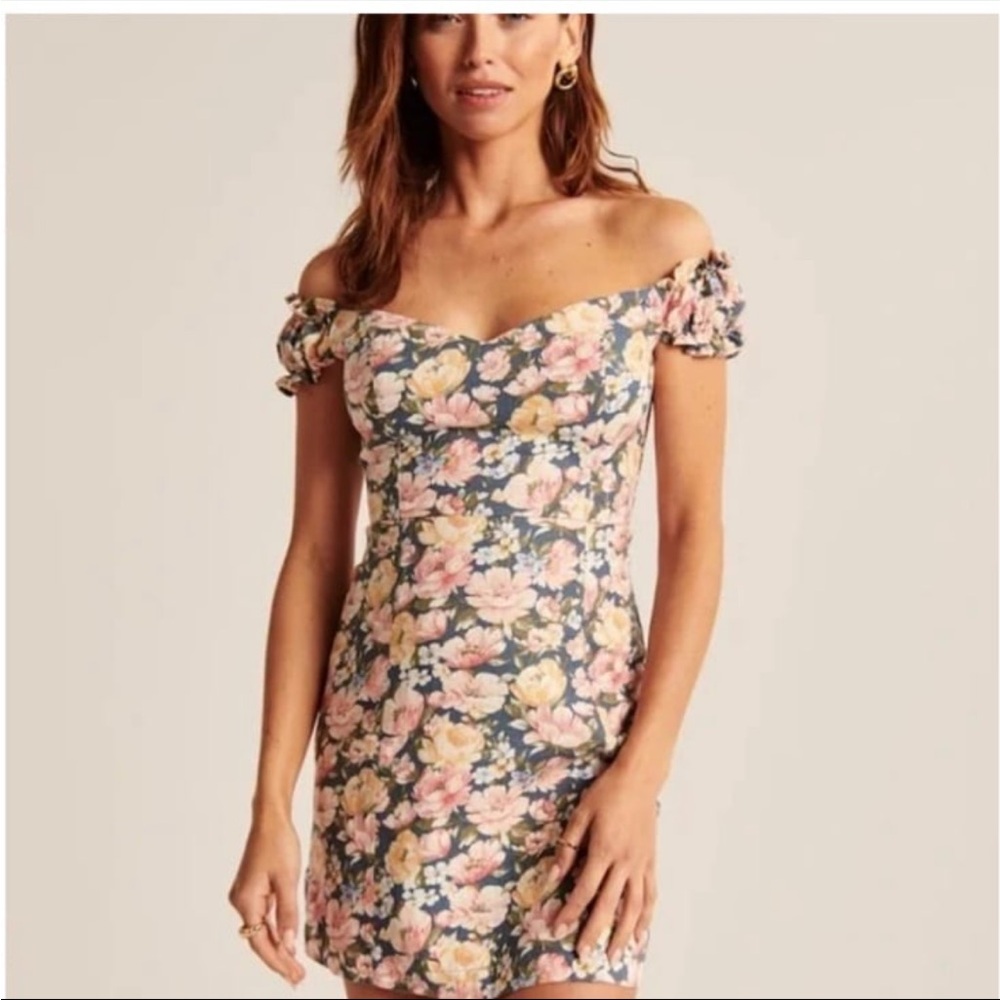 Women's Off-The-Shoulder Mini Dress Abercrombie & Fitch Floral Linen Size Small